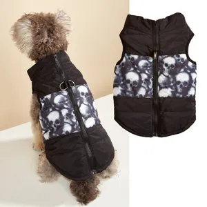 Halloween dog puffer vest with cool skull print, cozy winter pet jacket with dual leash rings.