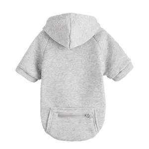 Detail shot of grey pet hoodie, short sleeves and back zipper pocket for small dogs and cats.