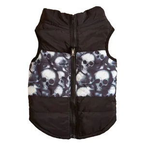 Black pet winter vest with spooky skull print design, warm quilted dog clothes with zipper.