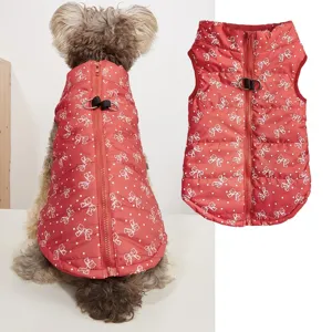 Red dog winter vest with cute bow and polka dot print, warm cotton pet clothing with back zipper.