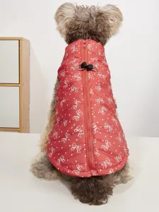 Pet winter warm padded vest detail view, cute red bow print dog clothes with back zipper.