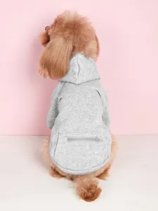Detailed view of grey pet hoodie with back pocket and zipper, designed for dogs and cats.
