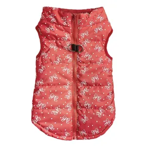Red winter pet dog vest with cute bow print and warm cotton padding, perfect for cold days.