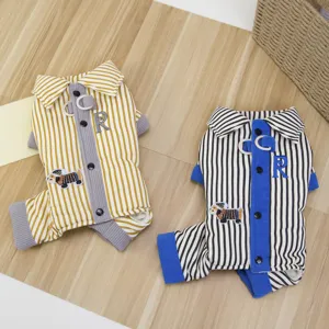 Stylish striped pet four-leg jumpsuit with collar and cute dog embroidery for small dogs.