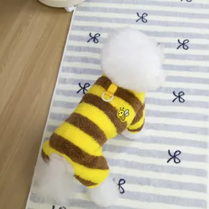 Cute bee striped pet jumpsuit soft plush warm dog clothes with leash hole for autumn winter