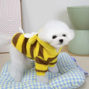 Cute bee stripe pet winter hoodie jumpsuit with hood and wings for small dogs and cats warm