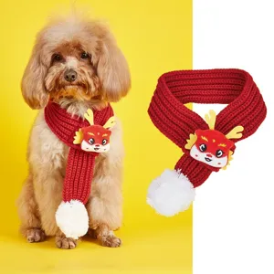 Cute red pet knitted scarf with plush dragon cartoon for puppy kitten winter warm festive wear.