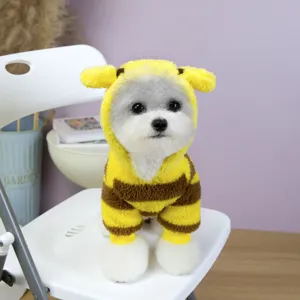 Cute bee costume dog winter clothes striped plush jumpsuit with hood warm pet apparel