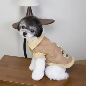 Cute suede shearling pet coat detail view, warm winter dog jacket with back embroidery patch.