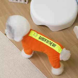 Orange fleece pet jumpsuit detail showing back reflective strip and warm fabric design.