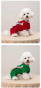 Close-up detail of the cute Christmas pet jumpsuit with bow and ruffles for small dogs.