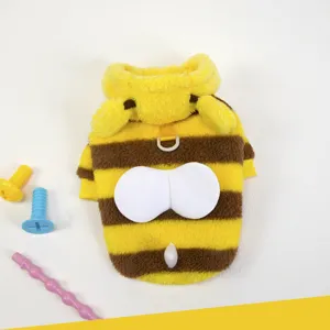 Cute bee pet clothes striped winter warm onesie with leash hole soft plush dog cat costume