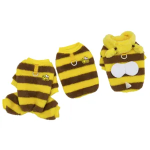 Funny Bee Shape Striped Pet Winter Clothes Cute Warm Fleece Dog Onesie Hooded Pet Apparel For Small Dogs And Cats