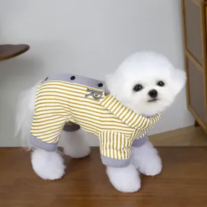 Detailed view of cute striped pet jumpsuit with lapel, contrast vertical stripes design.