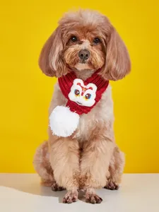 Festive red pet knitted scarf with cute lion dance plush and white pompom for dogs cats.