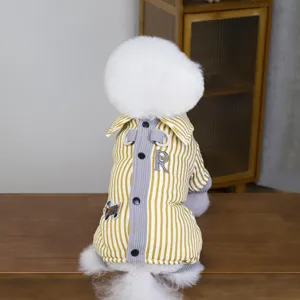 Cute color-contrast vertical stripe pet shirt with puppy embroidery and lapel gentleman design.