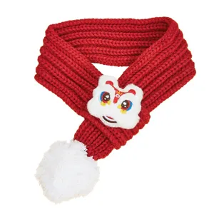 Festive Red Pet Knitted Scarf with Lion Dance Plush and Pom-Pom for Small Dogs Cats