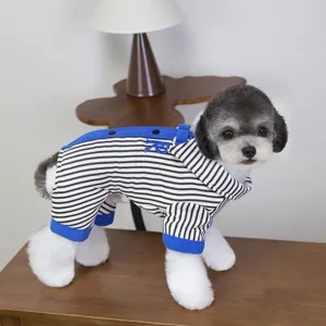 Blue and white striped pet jumpsuit with lapel collar and cute embroidery, perfect for dogs.