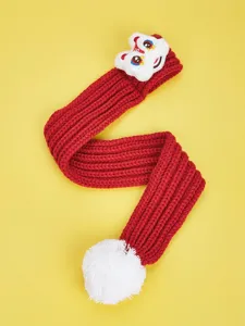 Cute red knitted pet scarf with lion dance plush decor and white pom pom for cats and dogs