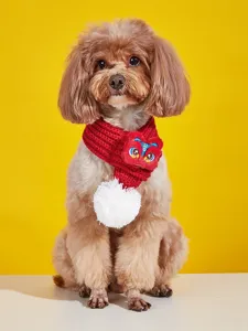 Cute red knit pet scarf with lion dance plush toy and white pom pom for small dogs cats detail