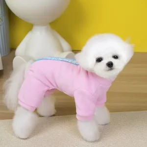 Cute pink fleece pet jumpsuit for autumn and winter, warm four-legged dog clothes with stylish back stripe.