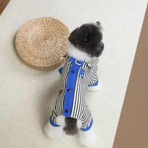 Detailed view of stylish pet jumpsuit featuring contrast vertical stripes and embroidery.