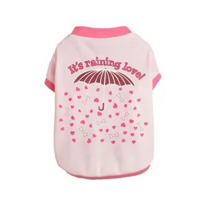 Cute pink pet dog t-shirt with heart umbrella print, soft breathable puppy apparel for small dogs.