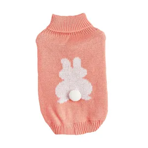 Knit pet sweater with cute rabbit pattern and 3D pom-pom tail, warm mid-high collar design.