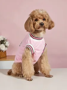 Pink mesh dog jersey vest with striped ribbed trim for small pets breathable summer wear
