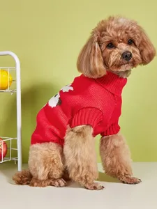 Dettaglio in primo piano del morbido maglione rosso per cani con collo alto e motivo.