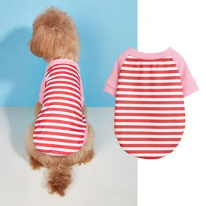 Red white striped dog t-shirt with pink sleeves, comfortable pet apparel for dogs.