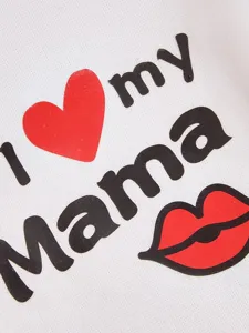 Detailed view of white pet hoodie fabric with I love my MAMA print and cute heart and lips.