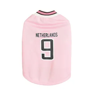 Pink mesh pet dog jersey with number 9 and Netherlands print, breathable summer puppy sports vest.