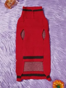 Red knitted pet sweater with black stripes, warm winter apparel for small dogs and cats cozy style