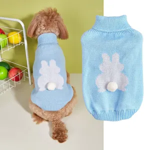 Cute blue knitted pet sweater with rabbit pattern and pom-pom tail for dogs and cats warm