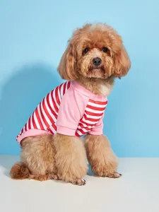 Detail view of the cute red and white striped pet t-shirt with pink sleeves for small dogs.