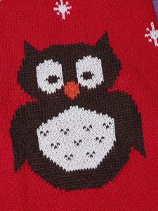Cute owl pattern winter dog sweater detail view, cozy knitted pet apparel close-up shot.