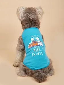 Zomer dun huisdier vest voor honden en katten met auto en fiets print detail weergave.