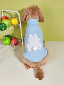 Detailed close-up showing the back of the blue pet sweater with cute bunny pattern and tail.
