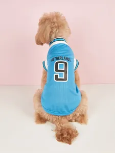 Cute blue mesh dog sports jersey with number 9 and Netherlands print, breathable summer pet vest.