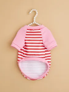 Cute red and white striped pet dog t-shirt with pink sleeves for small and medium dogs