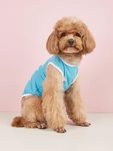 Cute spring summer pet dog vest in solid light blue with white trim, soft breathable fabric.