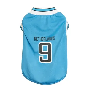Blue mesh pet dog sports jersey with ribbed collar and number 9 print for summer wear.