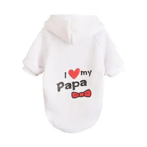 White pet dog hoodie sweatshirt with cute letter and bow print for autumn and winter daily wear.