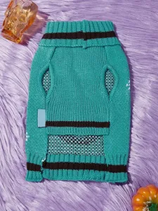 Detail view of the cute pet knit sweater with green and brown stripes for winter daily wear.