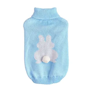 Detailed view of the cute blue knitted pet sweater featuring a lovely white bunny graphic.