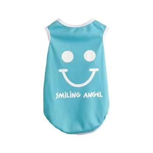 Cute blue pet dog vest summer sleeveless shirt with smiley face and english letter print.