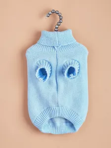Light blue knitted pet sweater for dogs and cats, cozy turtleneck winter apparel detail view.