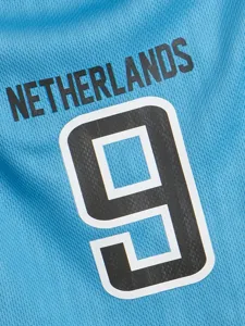 Blue mesh pet dog sports jersey detail showcasing number nine print and lettering.