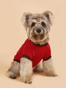 Red two-legged pet clothes dog t-shirt with black trim and cute print for small medium dogs